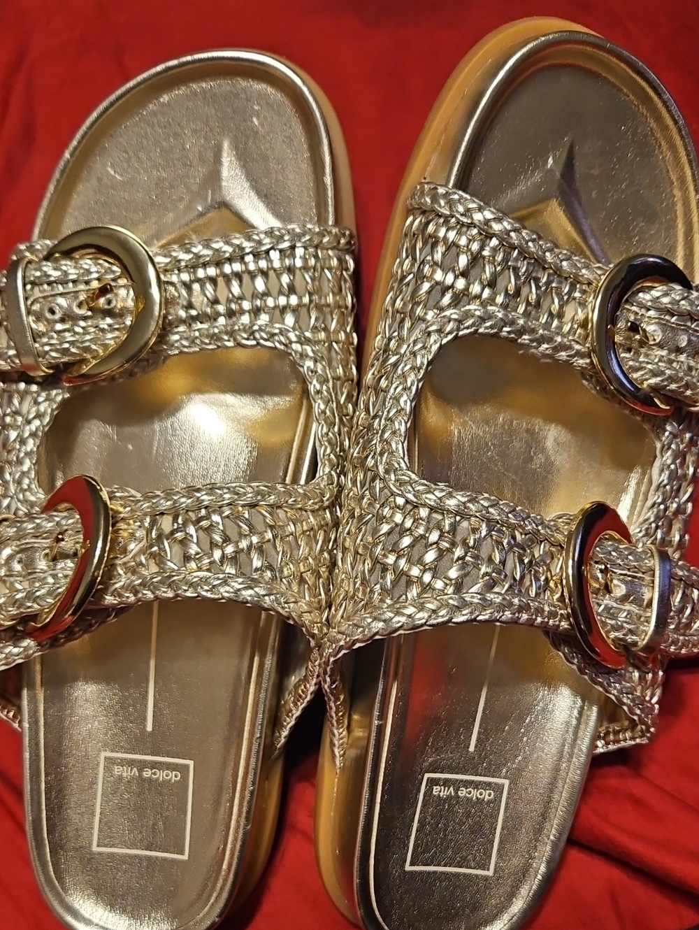 Dolce Vita Metallic Gold Woven Buckle Slide Sandals